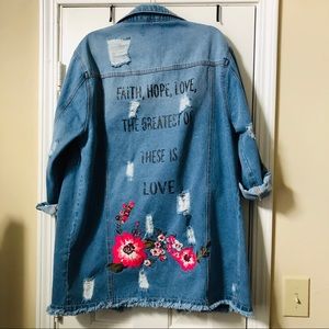 Faith Hope Love Long Distressed Denim Jacket